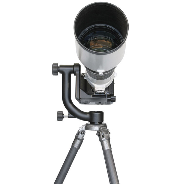 White telephoto lens mounted on a gimbal head and tripod with friction-adjustable legs.