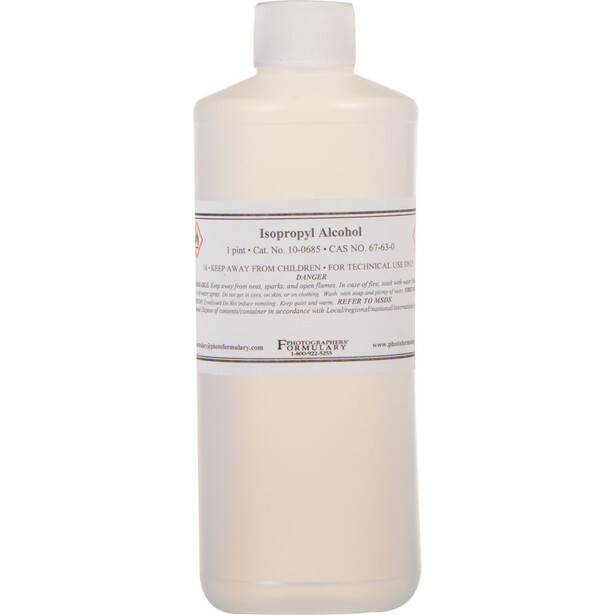 Clear plastic bottle of isopropyl alcohol with white label and cap against white background.