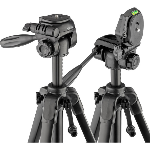 Two tripod-mounted heads side by side, showing fluid pan-tilt design on left and geared head with spirit level on right.