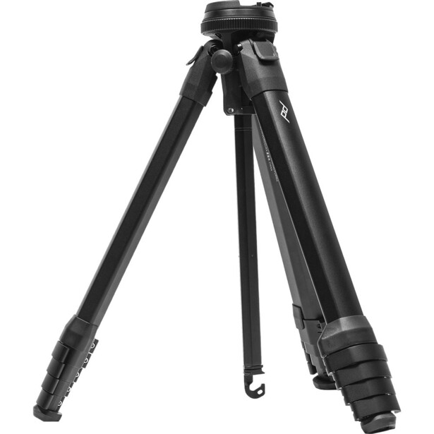 Black tripod with extended legs and center column against white background.