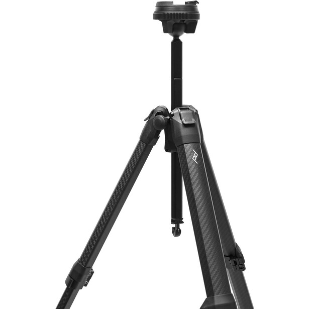 Black tripod with three extended legs and a center column topped with a mounting head.