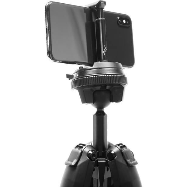 Smartphone mounted on a tripod with a rotating ball head adapter and phone clamp.