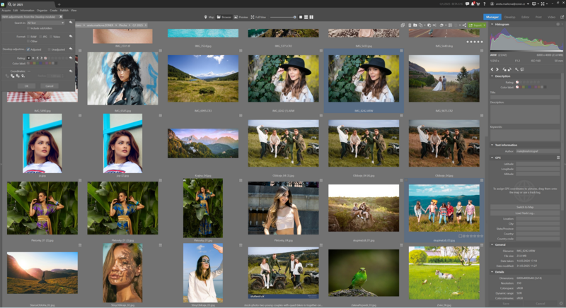 Screenshot of photo editing software displaying a grid of portrait and landscape photographs in various editing stages.