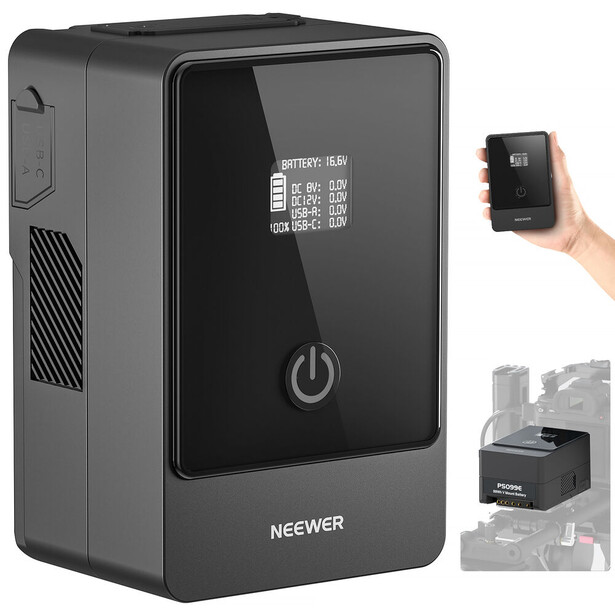 Neewer portable power station with wireless remote and mounting accessories displayed.