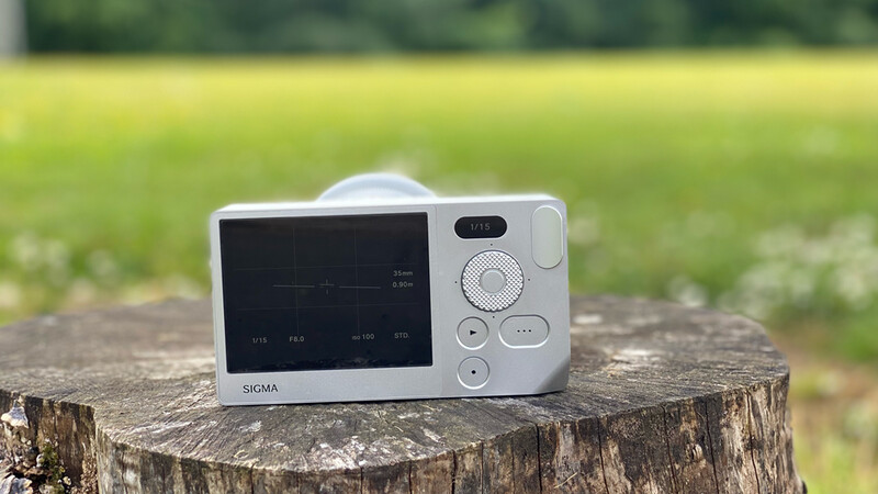 Sigma compact camera with white body and black LCD screen displayed on a tree stump outdoors.