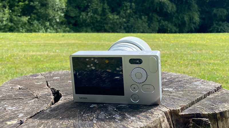 Compact digital camera displayed on a weathered tree stump with green field and forest in background.
