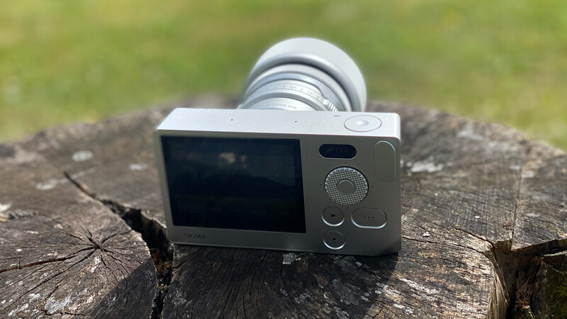 Silver mirrorless camera with attached lens sitting on a weathered tree stump outdoors.