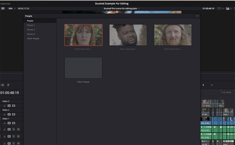 Screenshot of video editing software showing tagged people in interview footage with color-coded timeline below.
