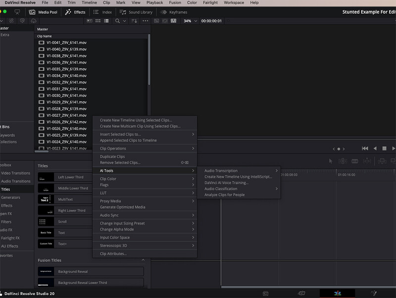 Screenshot of Resolve Studio 20 with organized media clips in the edit timeline and adjustment panels visible.
