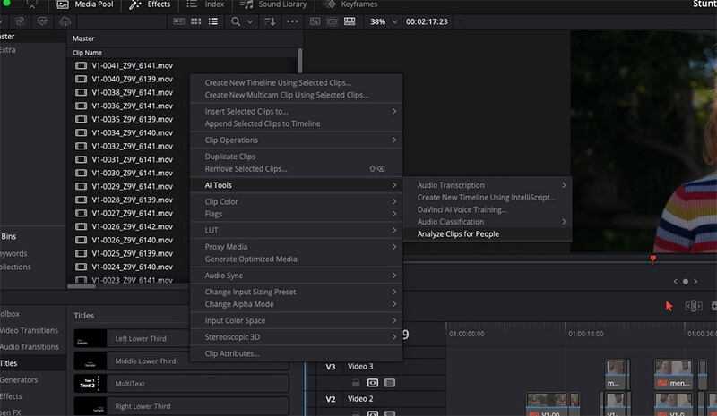 Screenshot of video editing software showing timeline with clips and effects menu open.