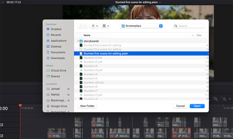 Screenshot of a file browser dialog showing a list of video files with 'Shattered First scene for editing plain' selected.