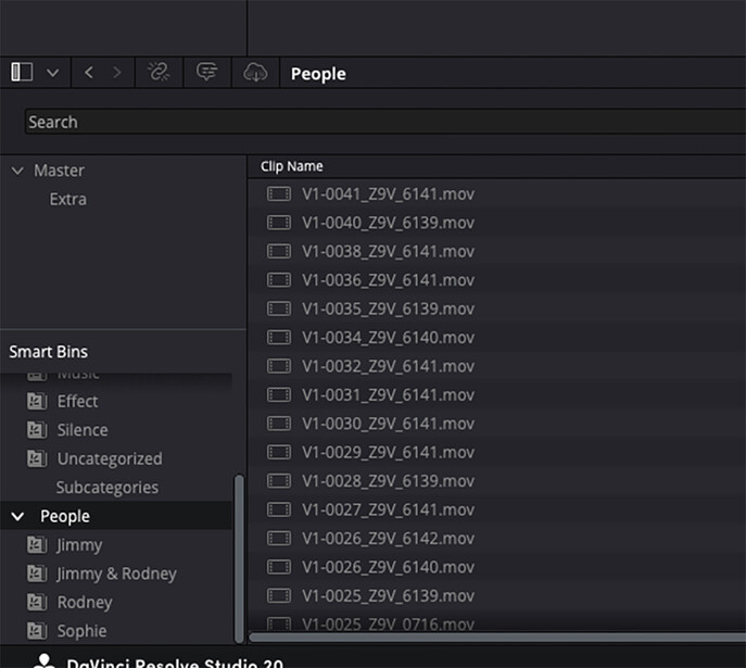 Screenshot of video editing software showing a folder structure with multiple video clips organized by name and resolution.
