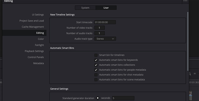 Screenshot of video editing software timeline settings panel with audio and video track configuration options.