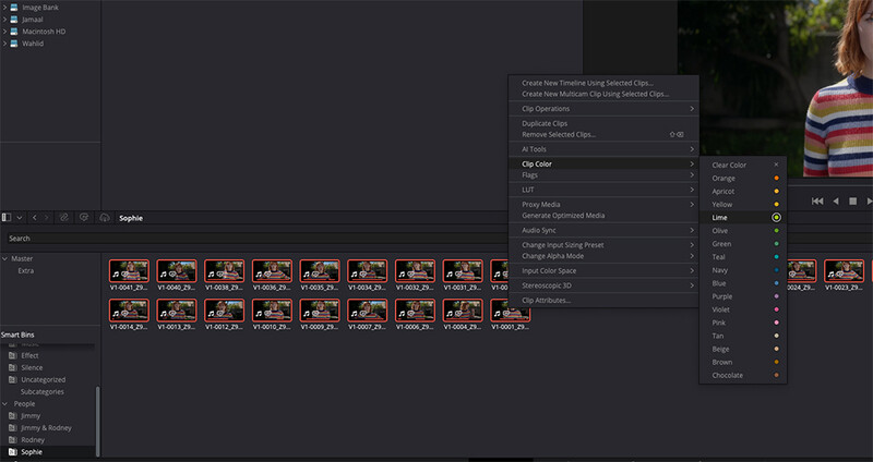 Screenshot of video editing software showing color grading interface with clip thumbnails and adjustment controls.