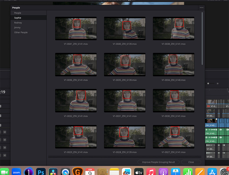Screenshot of photo editing software showing a contact sheet grid of 12 portrait images with face detection overlays.