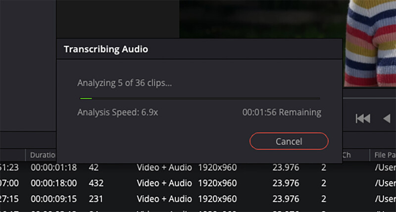 Screenshot of video transcription software analyzing audio from 36 clips at 6.9x speed with 1 minute 56 seconds remaining.