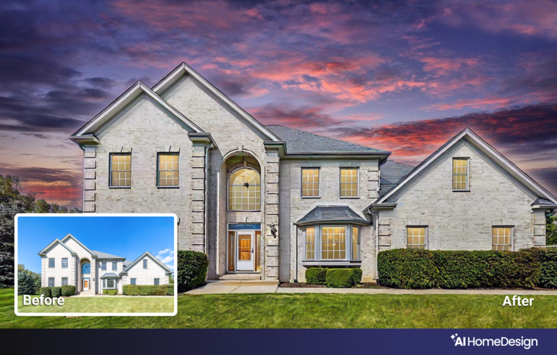 Before-and-after comparison showing residential home exterior renovation with enhanced lighting and landscaping.