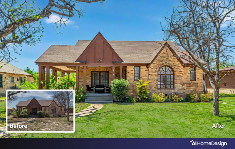 Before-and-after comparison of a brick house renovation showing exterior improvements and landscaping.