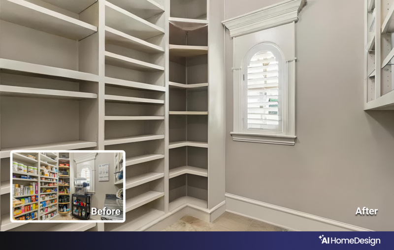 Before and after comparison of a walk-in closet with empty white shelving transformed into organized storage with colorful boxes and items.
