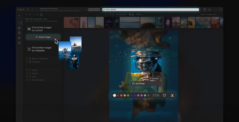 Screenshot of image management software showing underwater photography editing interface with color palette tools.