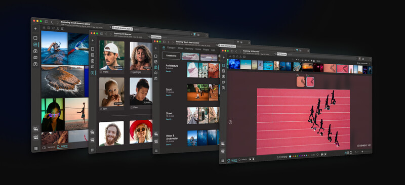 Screenshot of professional photo editing software showing multiple windows with portrait galleries and a pink-toned image with silhouetted figures.