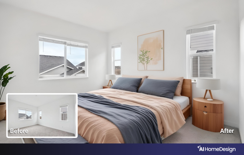 Before and after comparison of a bedroom interior design renovation with improved furnishings and lighting.
