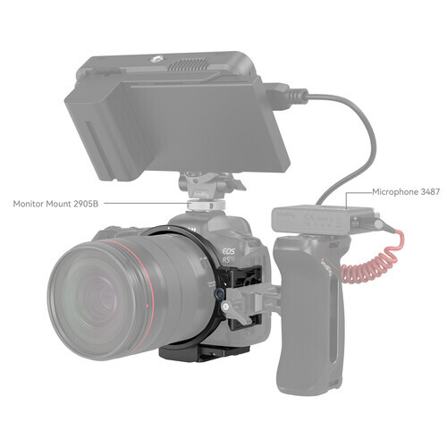 Illustration of a camera rig setup with monitor mount, microphone, and grip accessories.
