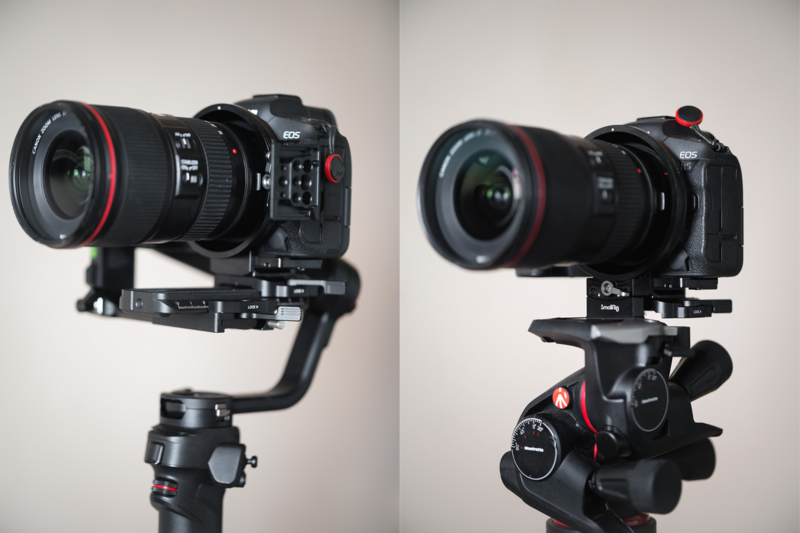 Two camera setups mounted on gimbals showing front and side views of a cinema camera with wide-angle lens.