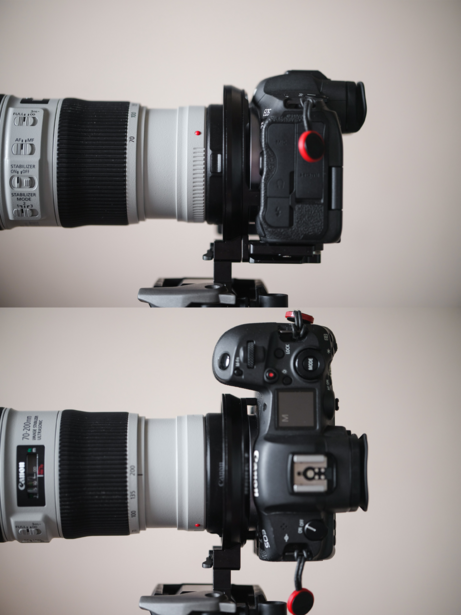 Two professional cinema cameras mounted on tripod heads, positioned vertically to show front and back views with telephoto lenses attached.