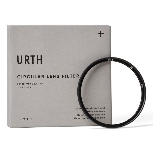 URTH circular lens filter displayed next to its gray branded packaging box.