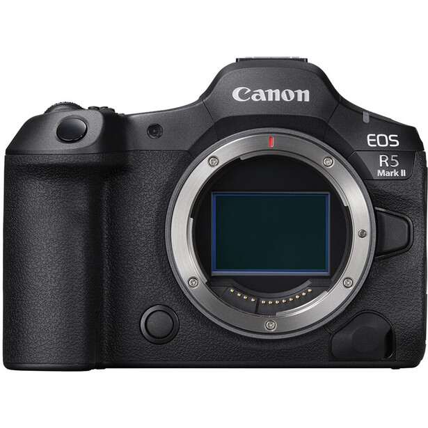 Canon EOS R5 Mark II mirrorless camera body shown from front with lens mount visible.