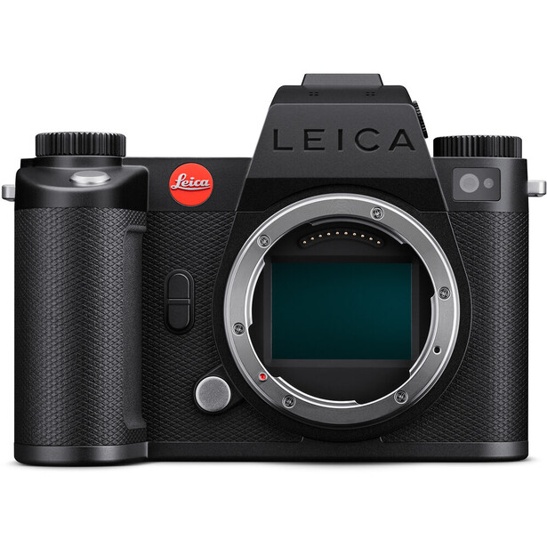 Leica SL2-S mirrorless camera body front view with open mirror box and sensor visible.