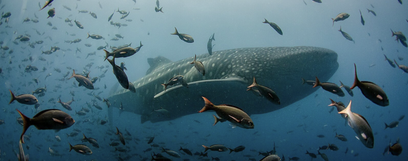 Whale shark surrounded by smaller fish in clear blue ocean water.