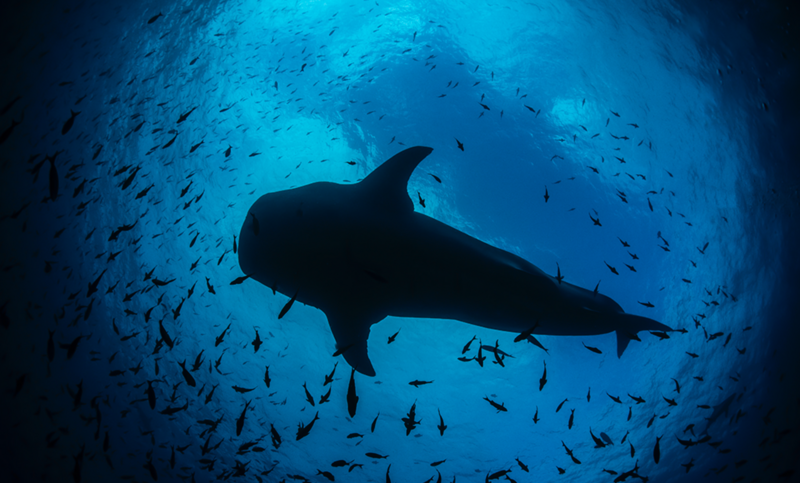 Silhouette of a large shark swimming among a school of small fish in deep blue ocean water.
