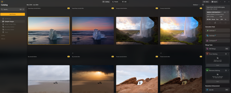 Screenshot of a photo editing software catalog displaying image thumbnails with before-and-after comparisons of various scenes.