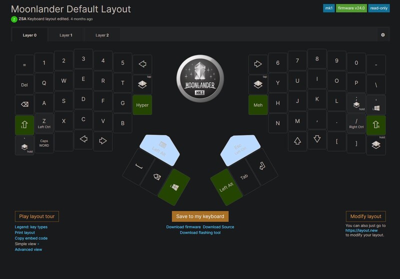 Screenshot of Moonlander Default keyboard layout configuration interface with split ergonomic keyboard design.