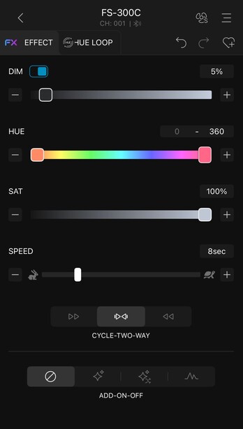 Screenshot of color grading interface showing HUE, saturation, and speed adjustment sliders.