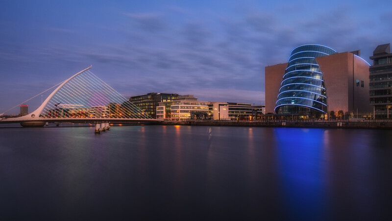 Dublin city brudge and building in predawn blue hour