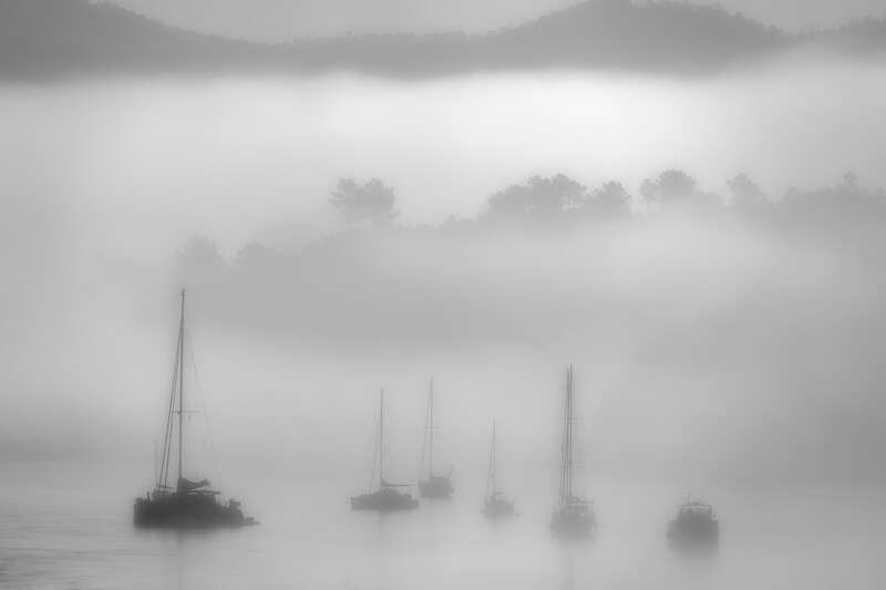 boats flouting on a river surround by fog