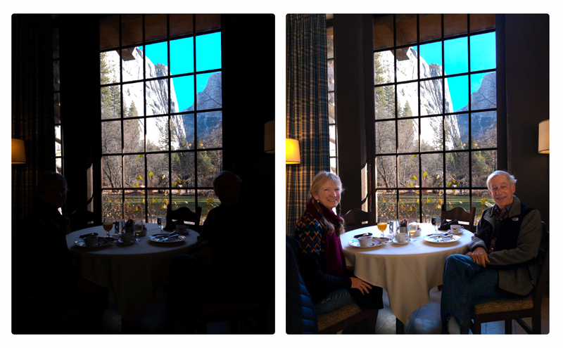 Before and after comparison of dining scene with window light, showing dark original and brightened version with two diners visible.