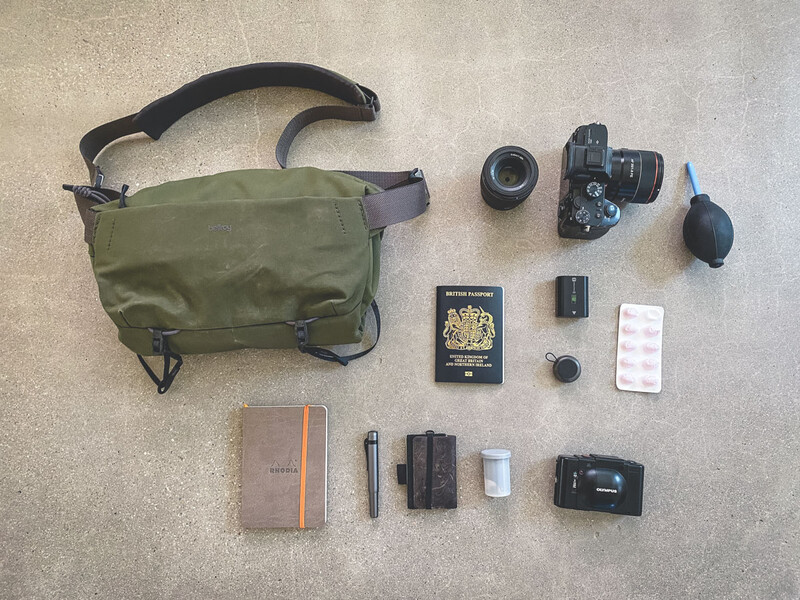 With room to spare. My a7 III and two small lenses, the Olympus XA, and a few other wedding essentials.