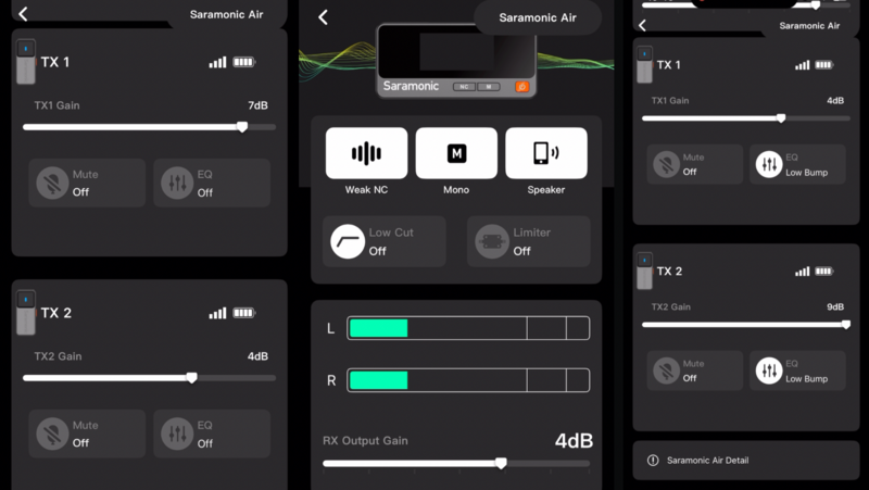 Screenshot of Saramonic Air wireless microphone app showing TX and RX controls with gain sliders and output settings.