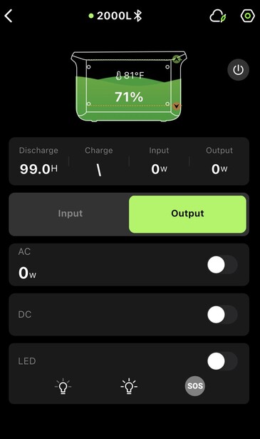 Screenshot of a battery charging app interface with green liquid fill indicator and AC/DC/LED control toggles.