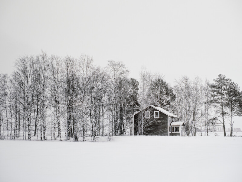 Solitary wooden house in snow-covered field with bare trees lining the horizon.