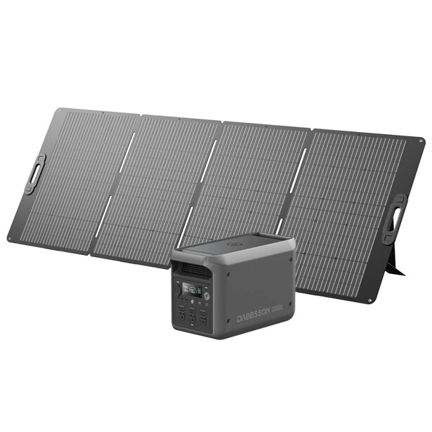 Portable solar panel array connected to a compact power station unit.