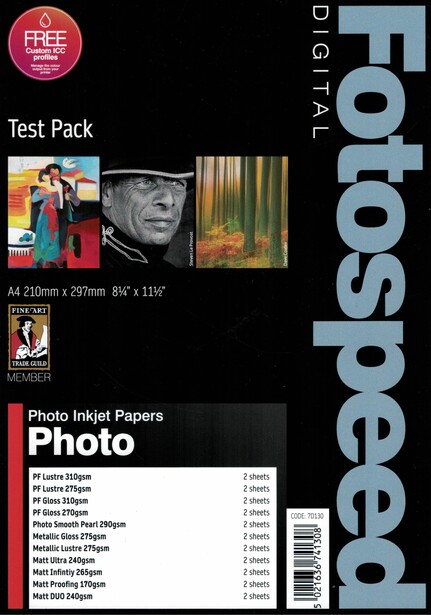 Fotospeed test pack showing sample photo prints and packaging with paper type specifications.