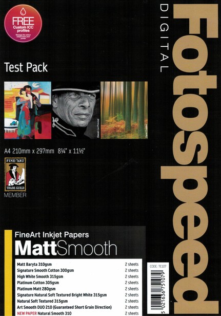 Fotospeed inkjet paper product packaging and sample prints displayed together.