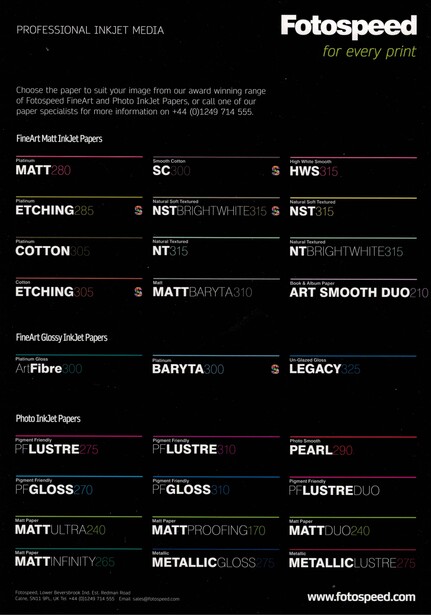 Fotospeed professional inkjet paper selection chart displaying various paper types and finishes.