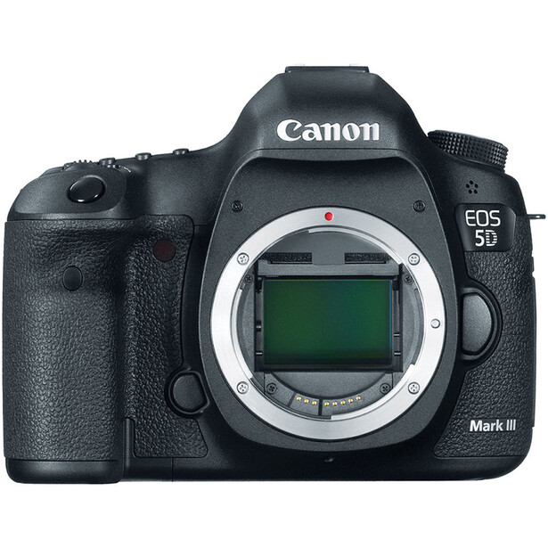 Canon EOS 5D Mark III DSLR camera body shown from front, displaying the sensor and mirror mechanism.