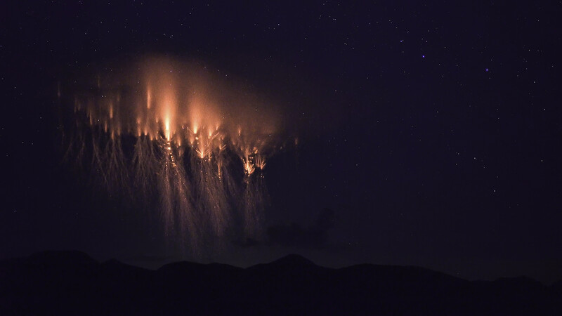 Forest fire at night with intense orange flames rising against a dark starry sky and silhouetted treeline.